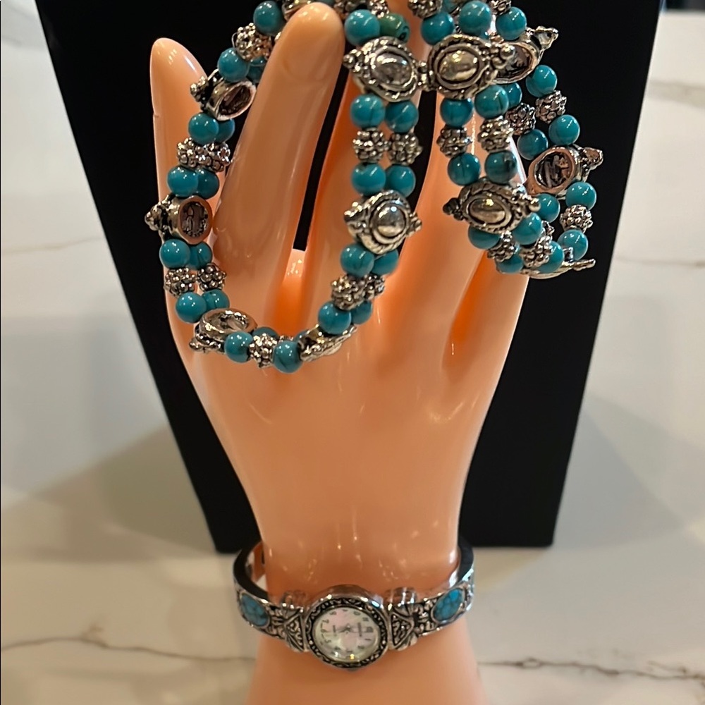 Geneva Elite Watch & 2 stretch silver & turquoise Bracelets Fashion Jewelry.